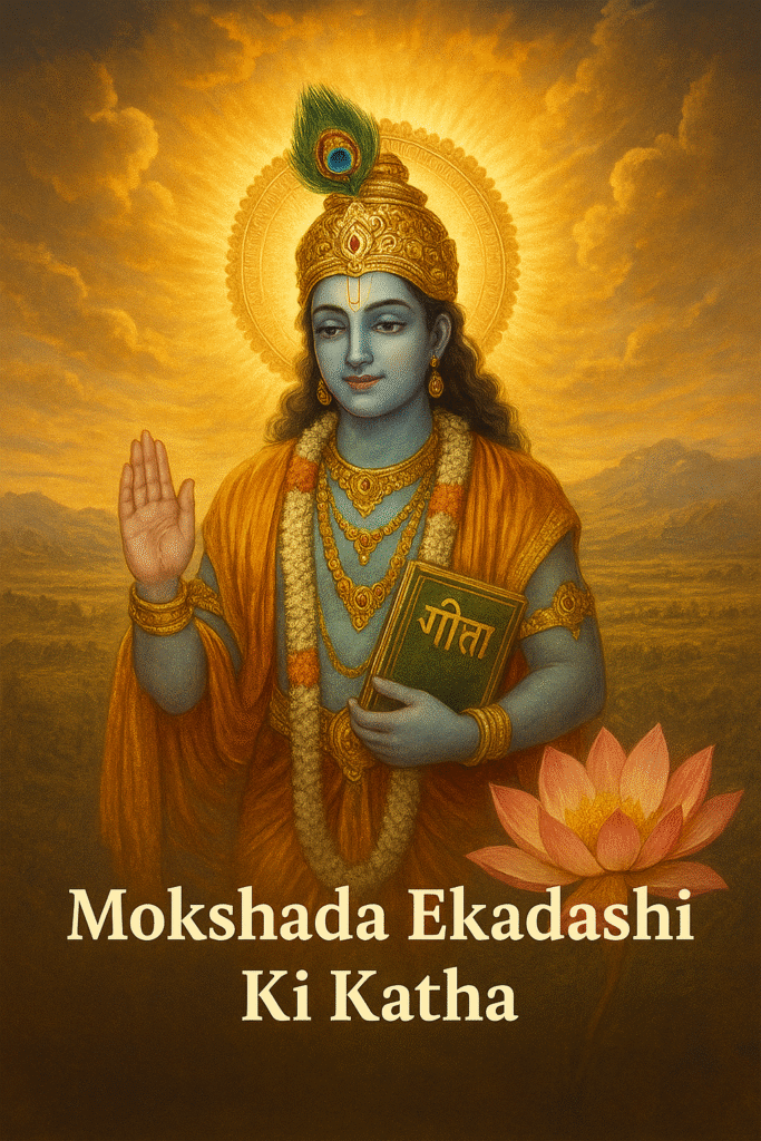Mokshada Ekadashi Ki Katha के लिए भगवान कृष्ण का दिव्य दृश्य, गीता उपदेश का पवित्र क्षण दर्शाता हुआ।”