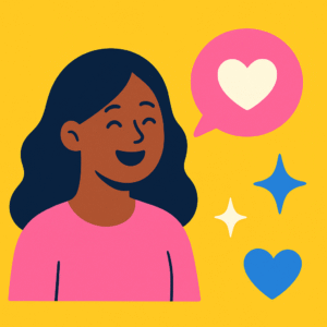 “Smiling girl with a heart speech bubble and positive icons representing uplifting viral trends of 2025.”