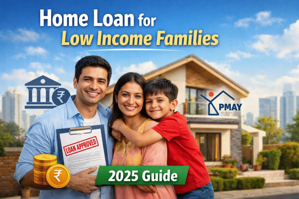 “Middle-class Indian family with approved home loan in front of a modern house with PMAY benefits in 2025”