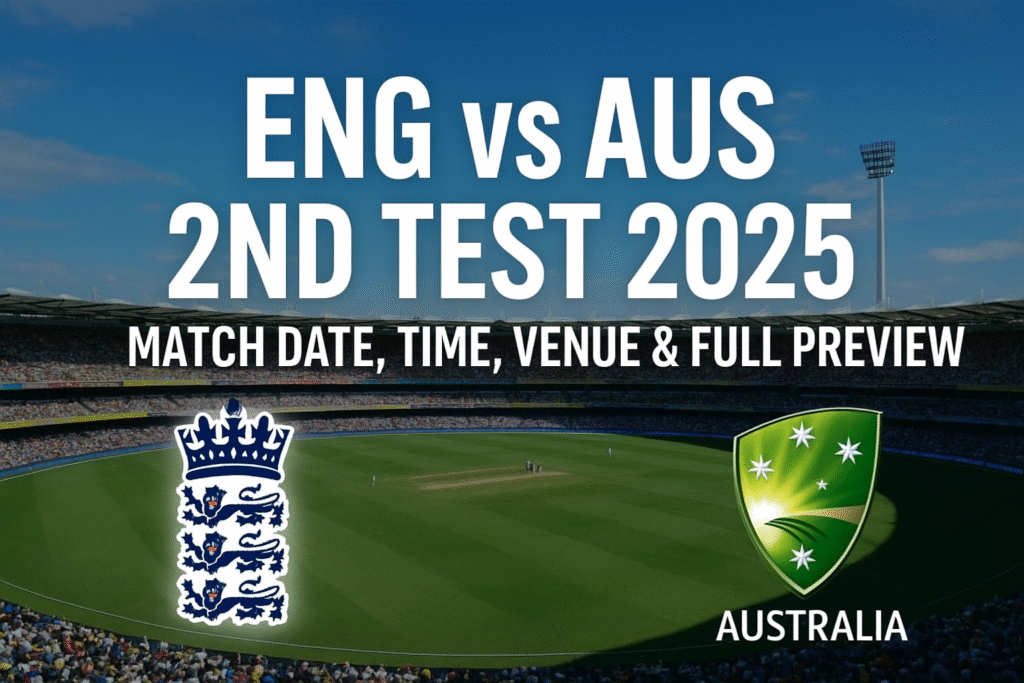 “ENG vs AUS 2nd Test 2025 promotional graphic showing The Gabba stadium with England and Australia cricket logos and match preview text.”