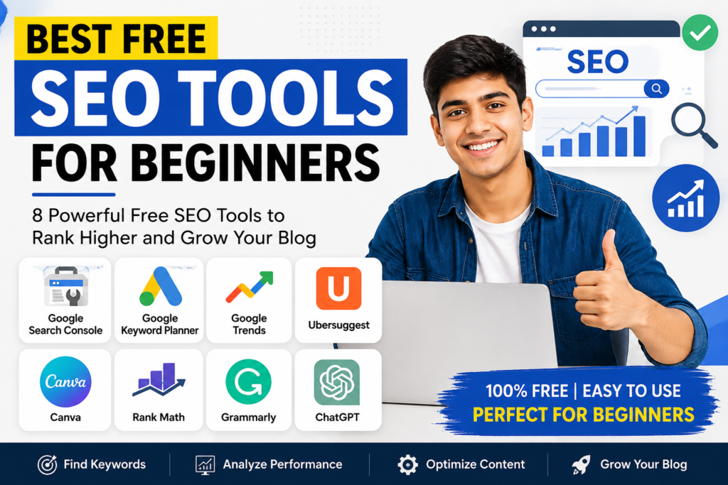 Best free SEO tools for beginners including Google Search Console, Canva, Rank Math, Grammarly, and ChatGPT for blogging and website growth