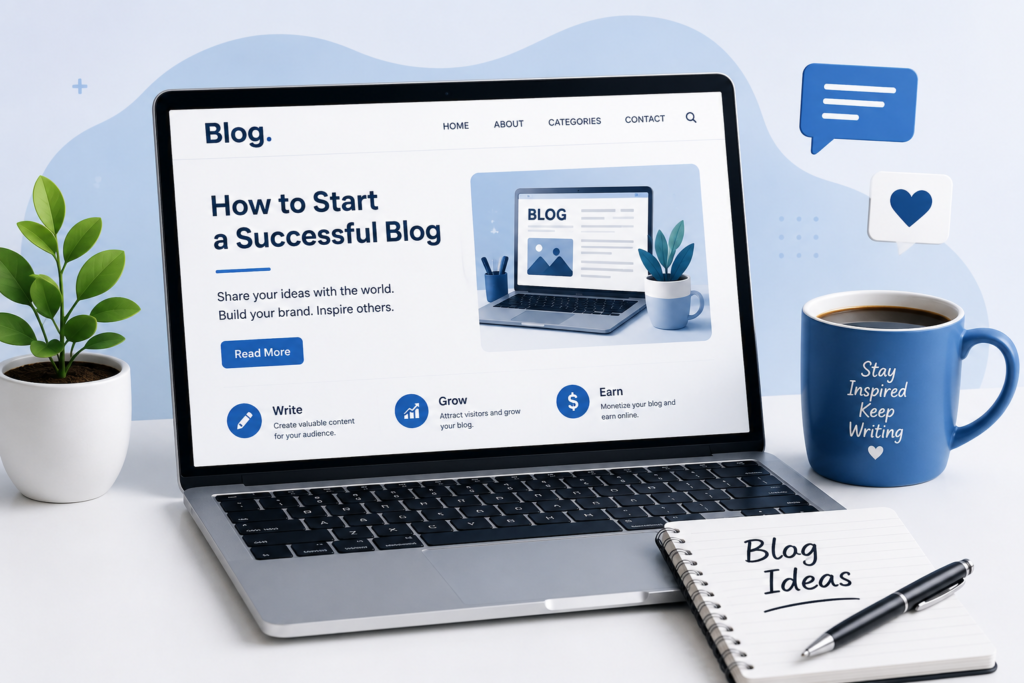 Blogging workspace with laptop, notebook and coffee cup for beginner blogging guide
