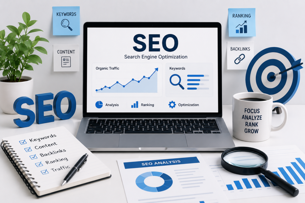 SEO optimization workspace with laptop, keyword research and website ranking analytics