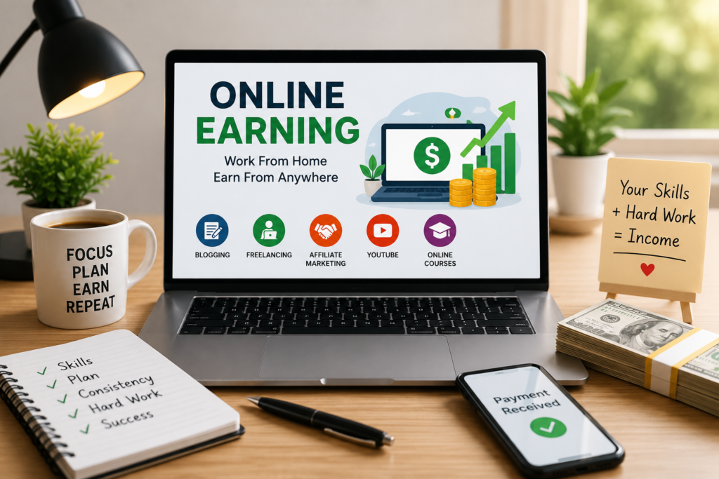 Online earning workspace with laptop, digital income dashboard and freelance business tools