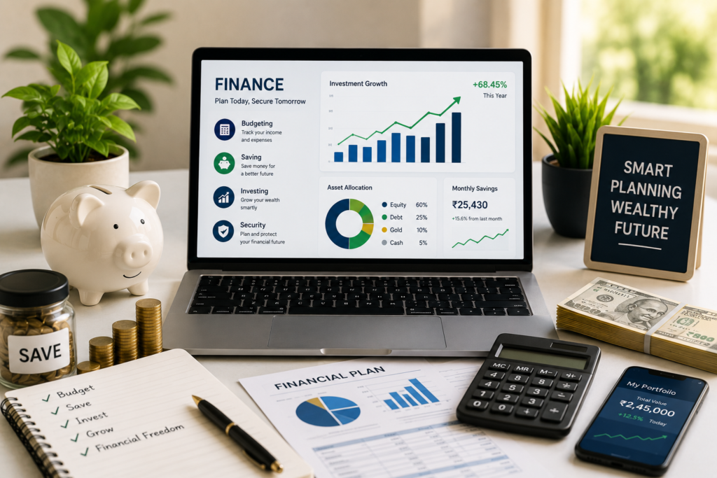 Personal finance planning with investment charts, budgeting tools and wealth management dashboard