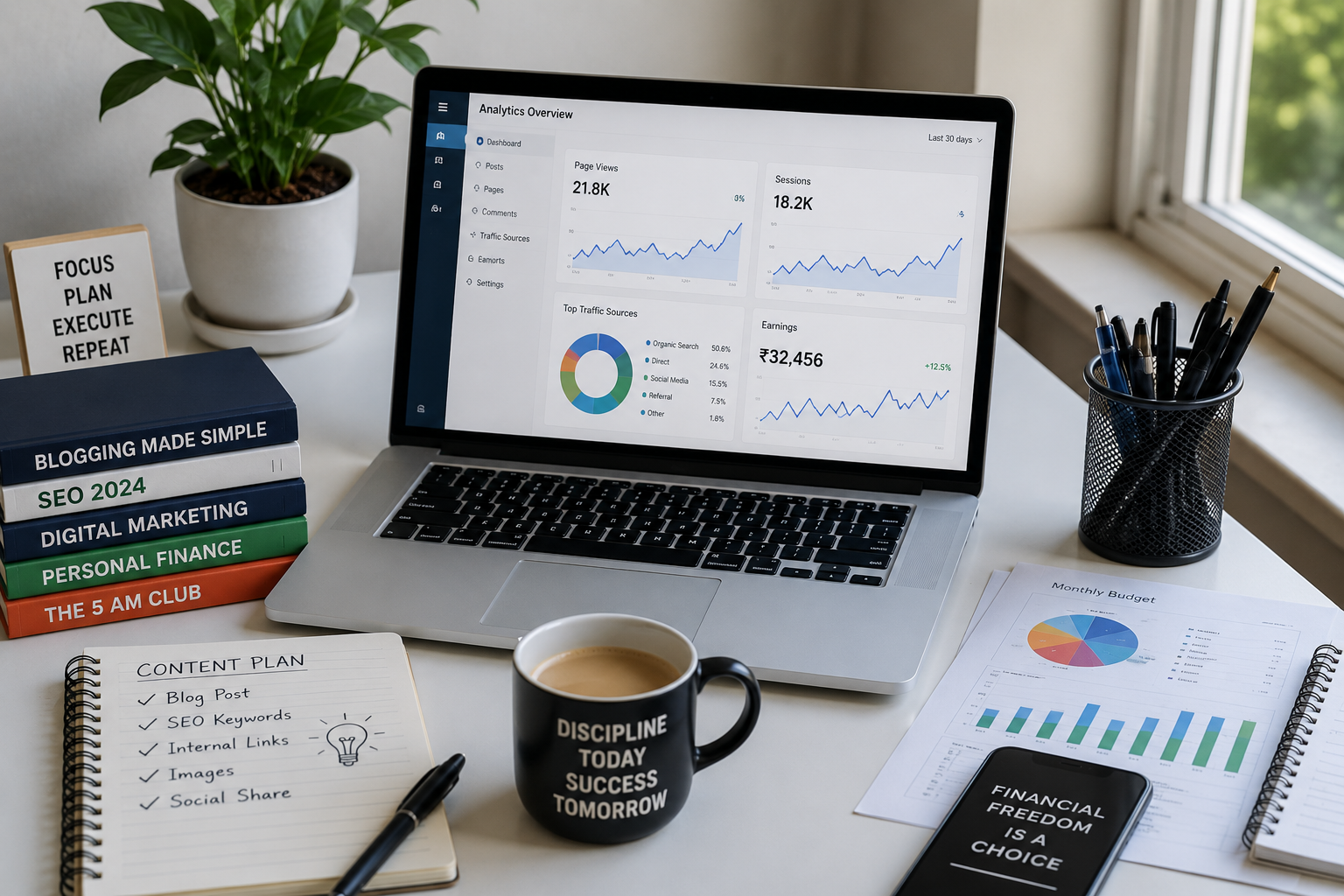 Modern blogging, SEO, online earning and finance workspace with laptop and analytics dashboard