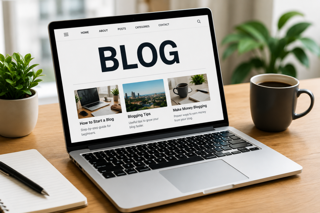 Laptop displaying a blogging website with notebook, coffee mug and plant on a modern desk representing how to start a blog and earn money online in India.