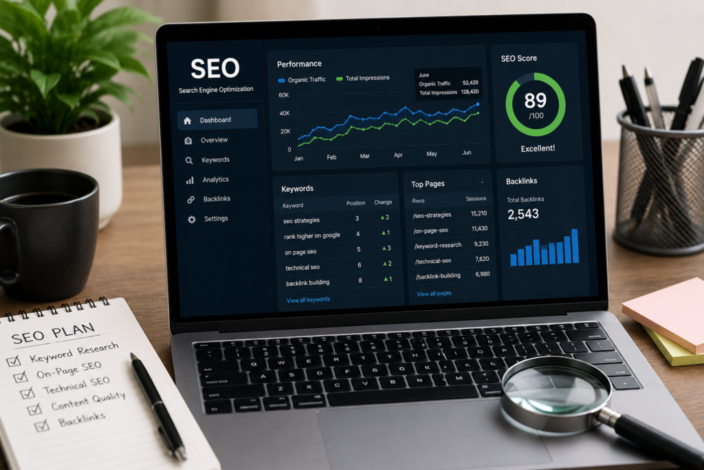 Laptop displaying SEO analytics dashboard with keywords, ranking charts, magnifying glass and notebook on a modern workspace representing search engine optimization.