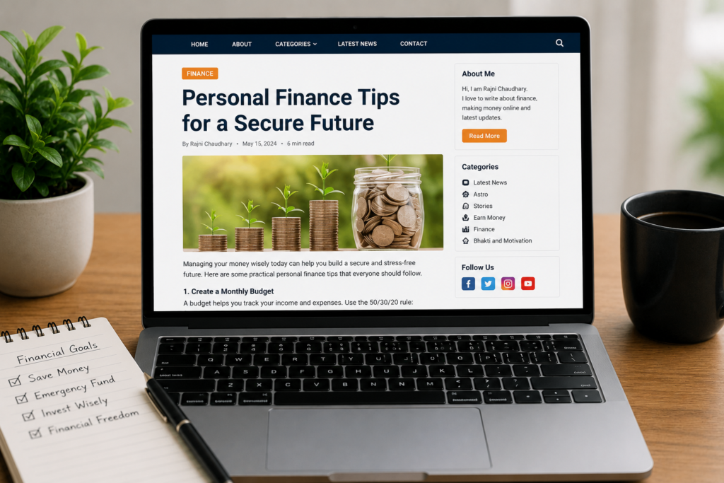 Laptop displaying personal finance dashboard with savings charts, budget planner, calculator, notebook, coffee mug, and plant on a modern workspace representing smart money management.