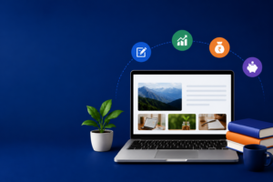 Laptop workspace with digital marketing, blogging, SEO and online earning tools