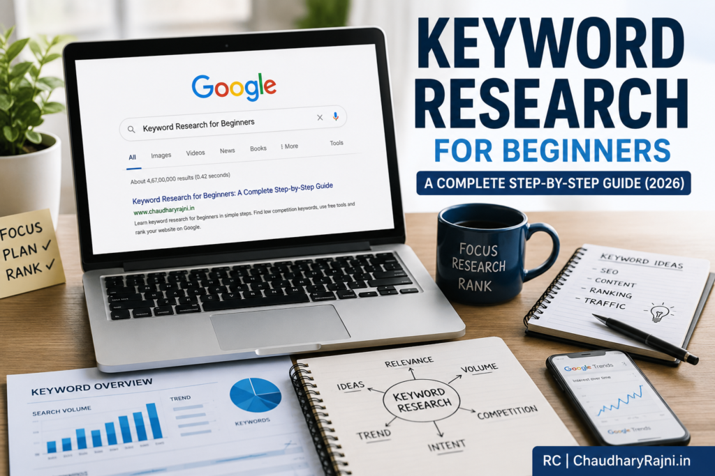 Keyword Research for Beginners featured image showing a laptop with Google search, SEO dashboard, keyword analytics, and workspace.