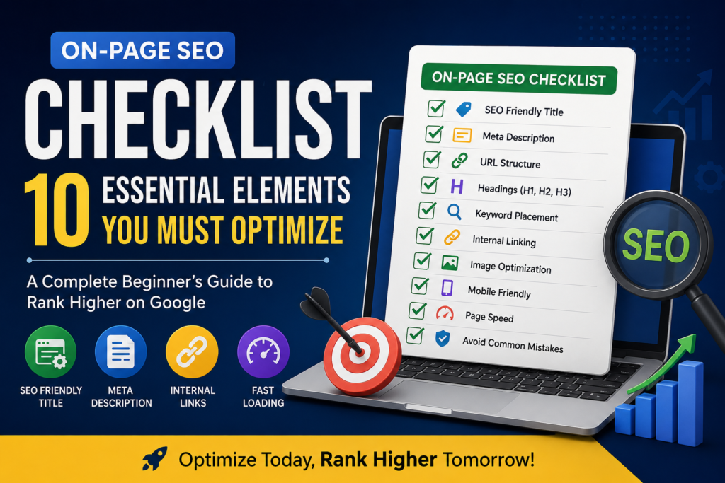 On-Page SEO checklist for beginners showing title tags, meta description, URL structure, keyword placement, internal linking, image optimization, mobile-friendly design, and page speed optimization.